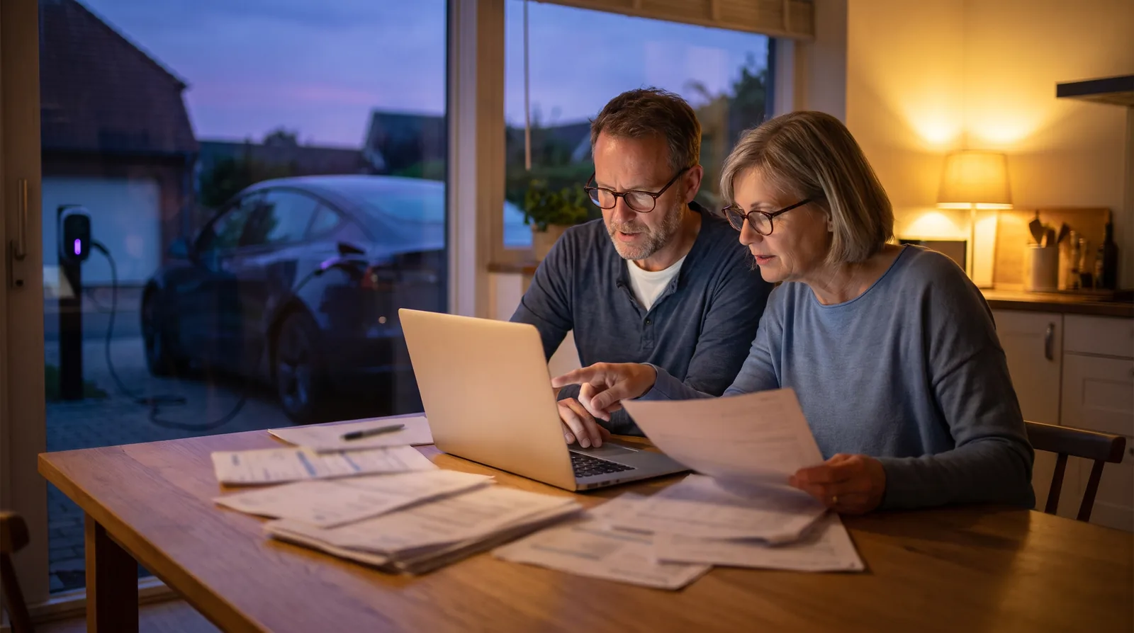 Couple comparant des devis d'assurance sur un ordinateur portable à la table de la cuisine, leur voiture électrique en charge dans l'allée au crépuscule