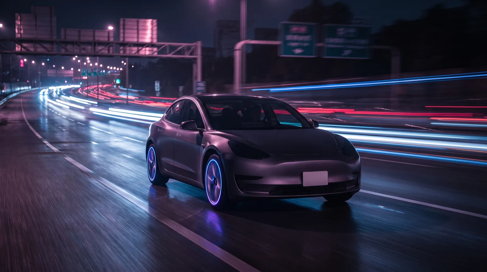 Voiture électrique roulant sur une autoroute de nuit, entourée de traînées lumineuses