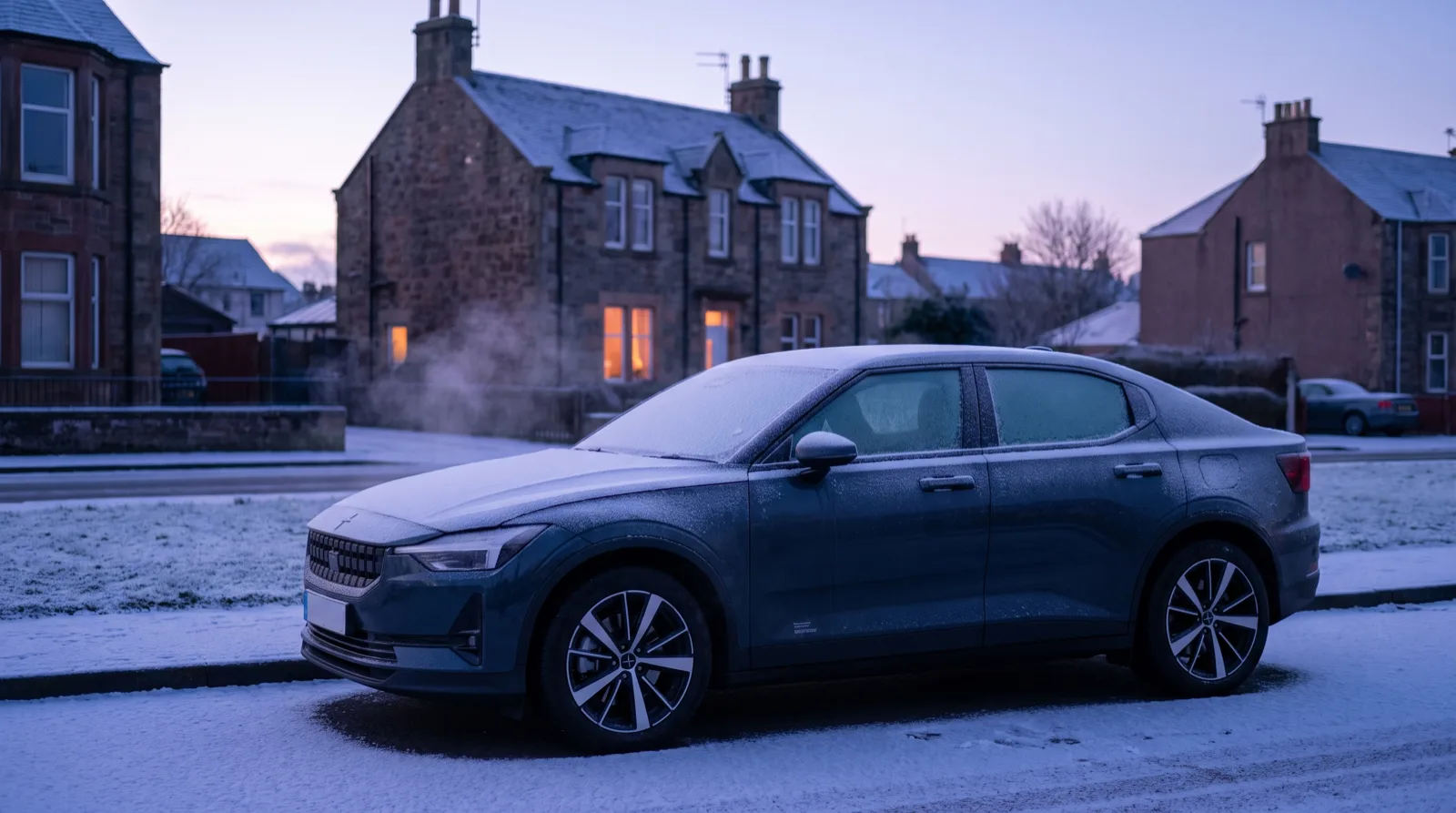 Voiture électrique couverte d'une fine couche de neige sur une rue résidentielle au petit matin