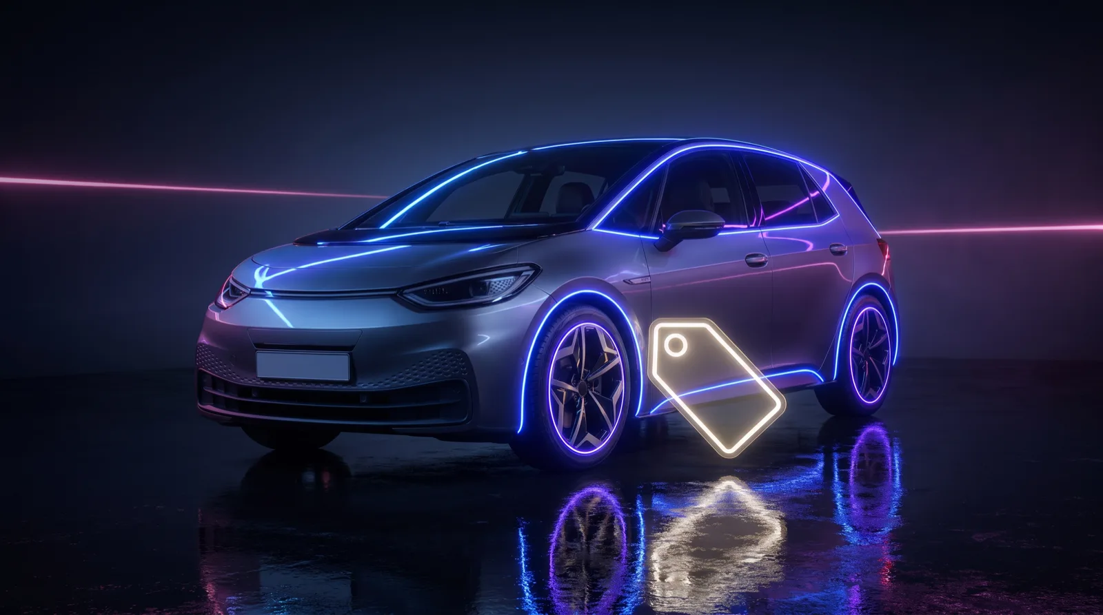 Voiture électrique sous les projecteurs d'un studio sombre, un reflet néon en forme d'étiquette de prix au sol