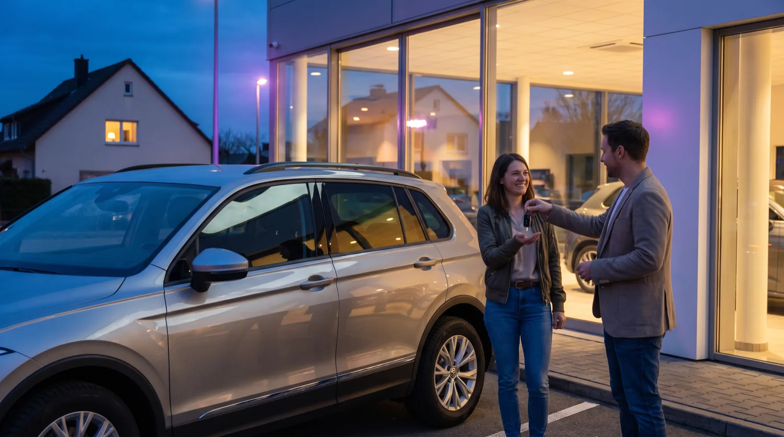 Vendeur remettant les clés d'une voiture électrique à une cliente devant une concession au crépuscule