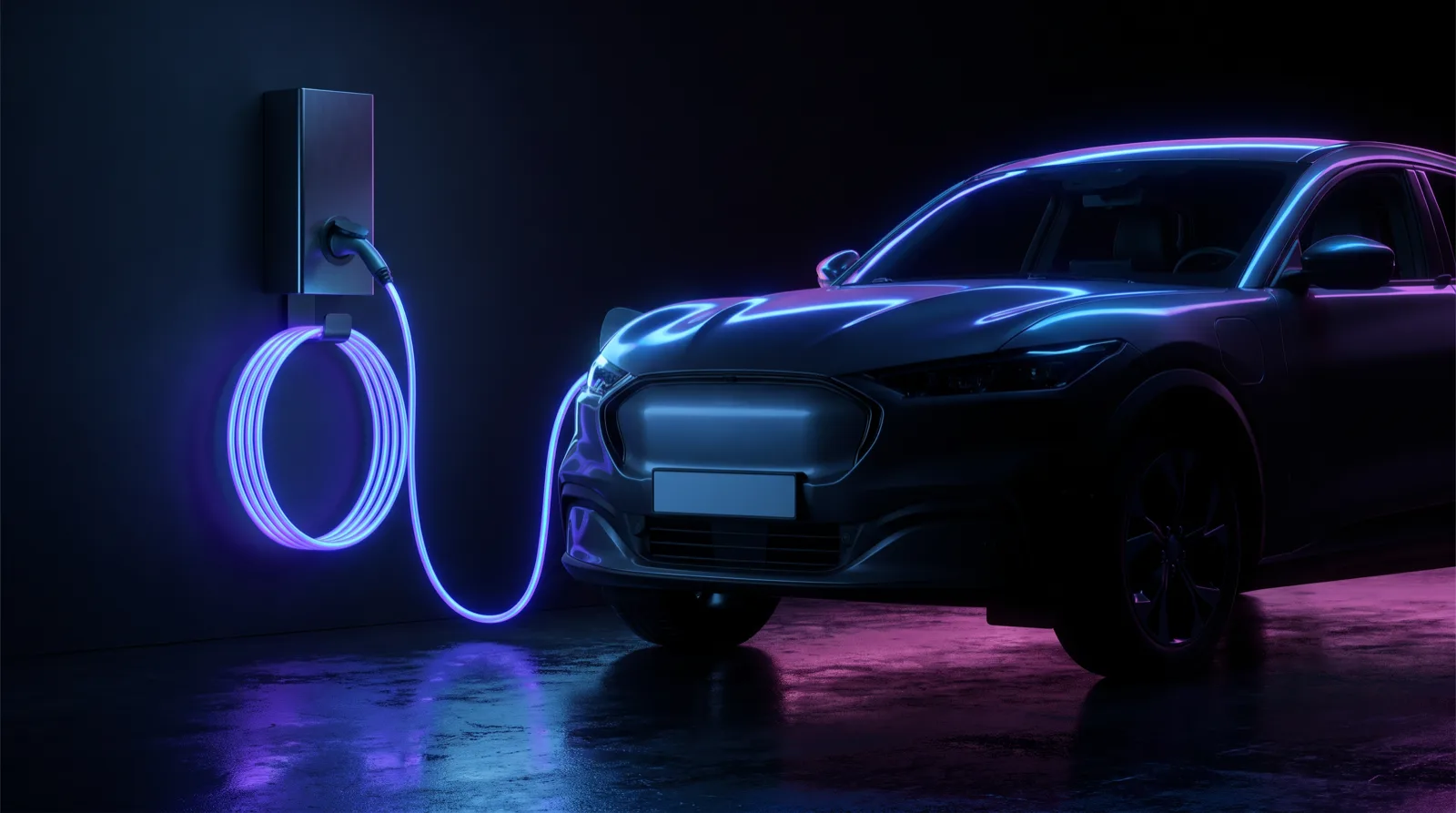 Borne de recharge murale au câble enroulé lumineux sur le mur sombre d'un garage, voiture électrique à proximité