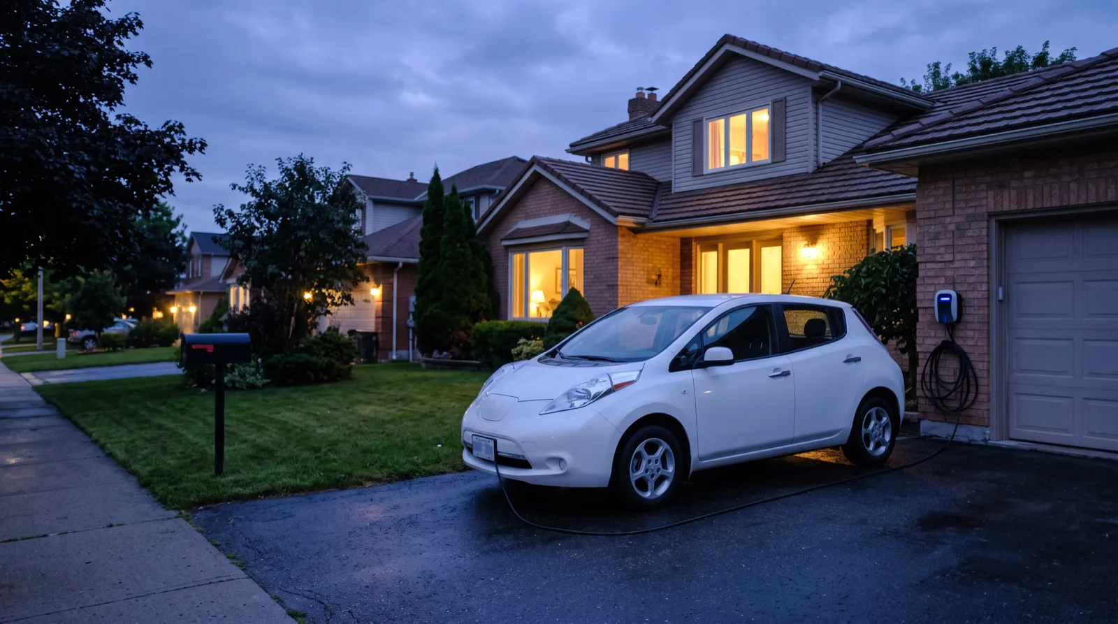 Voiture électrique branchée sur une borne murale devant un pavillon à la tombée de la nuit