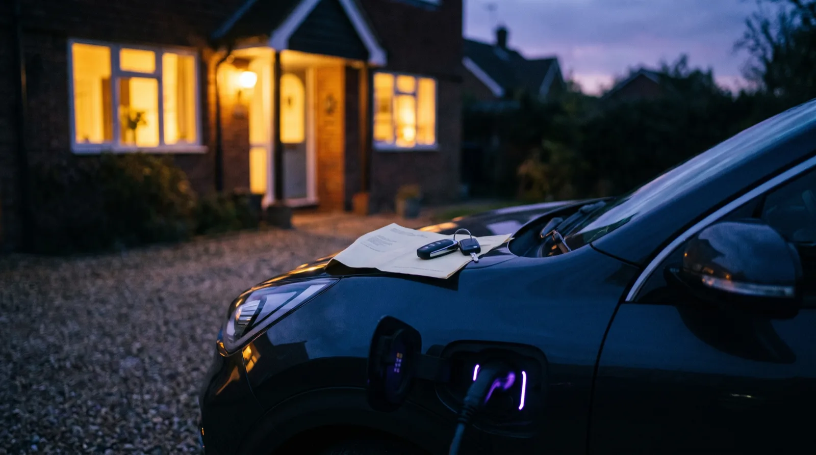Clés et document d'immatriculation posés sur le capot d'une voiture électrique devant une maison le soir