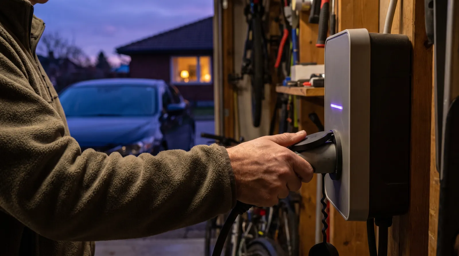 Branchement du câble de charge sur une wallbox installée dans un garage, la voiture garée dehors au crépuscule