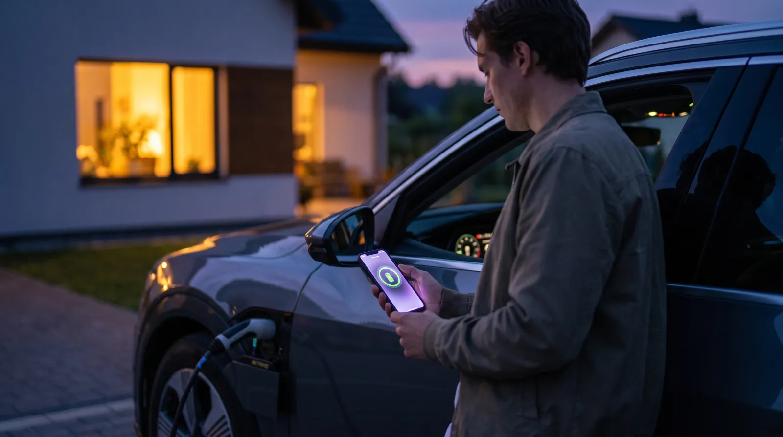 Conducteur vérifiant l'état de charge de sa batterie sur son smartphone pendant la recharge à domicile