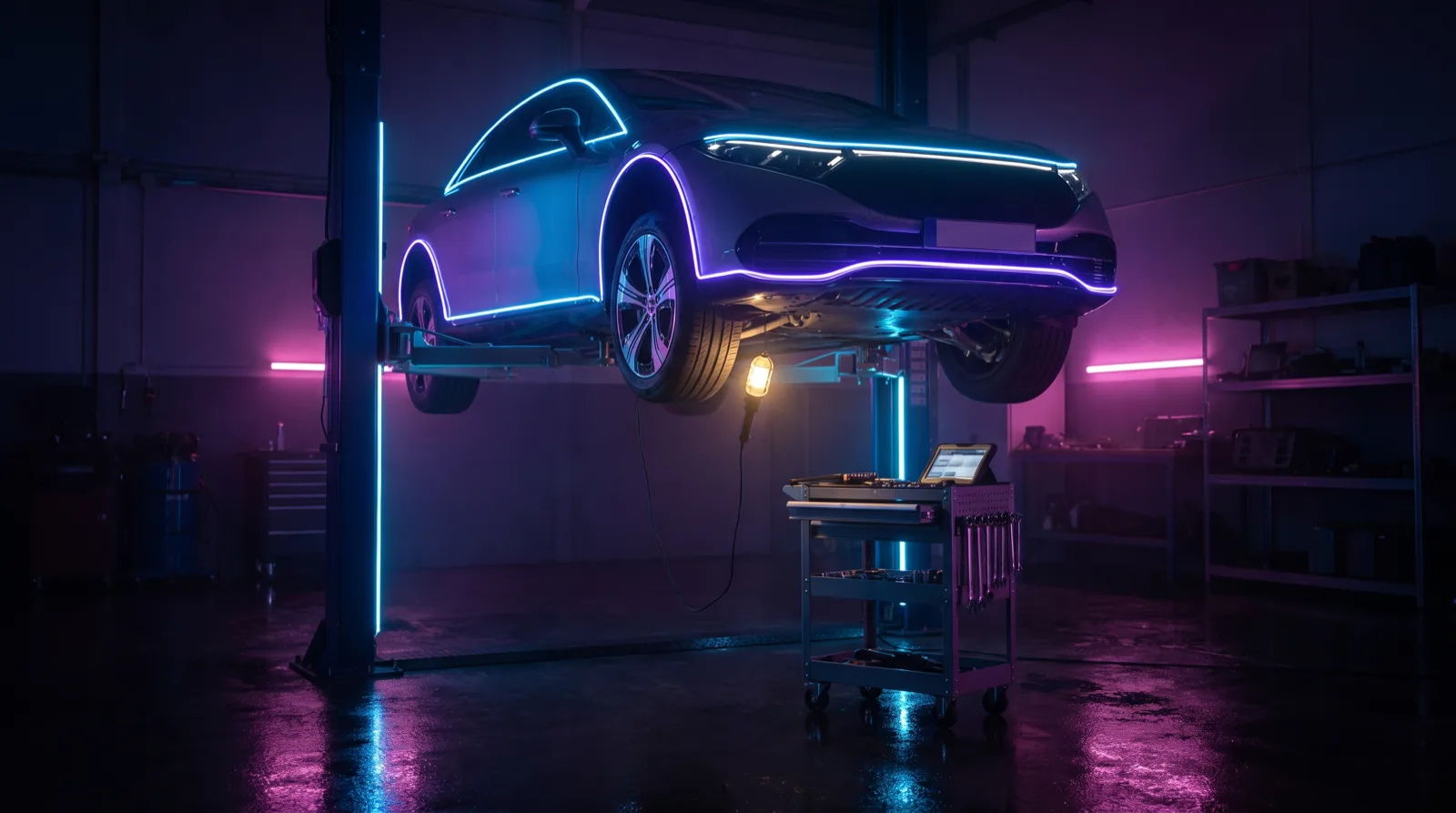 Voiture électrique sur un pont élévateur dans un atelier sombre éclairé de néons bleus et violets