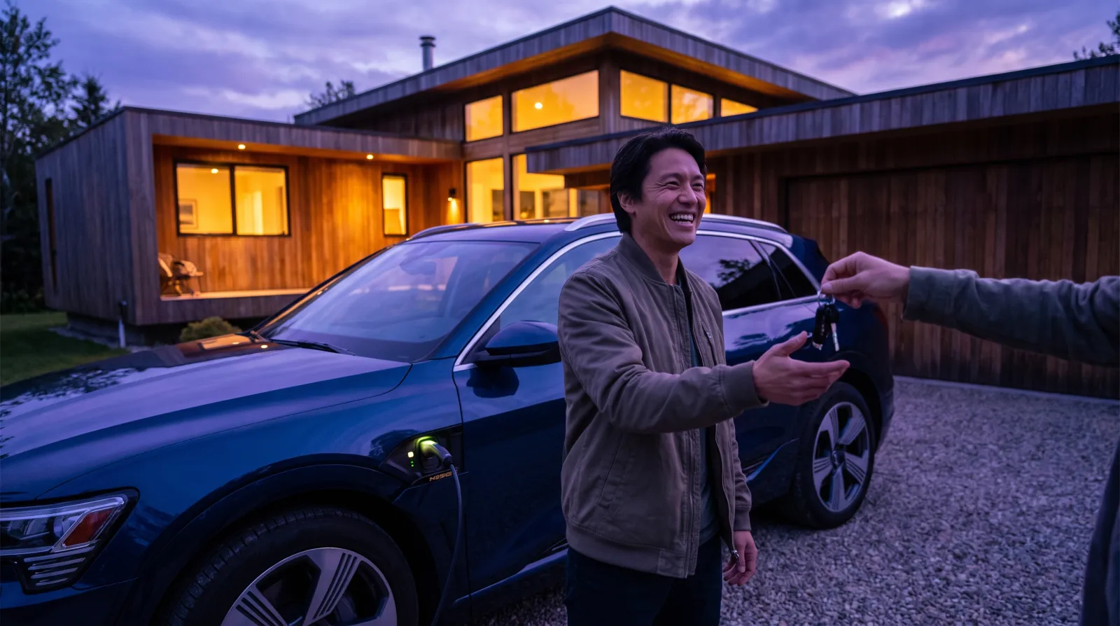 Remise des clés d'un SUV électrique en charge devant une maison au crépuscule