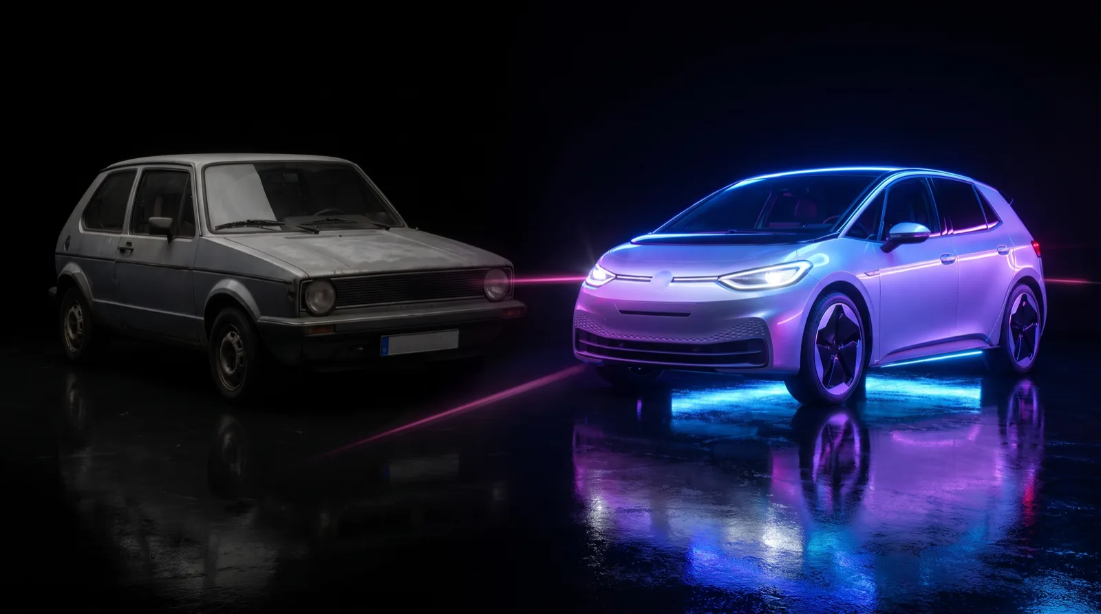 Vieille voiture thermique grise dans l'ombre face à une voiture électrique lumineuse sous éclairage néon