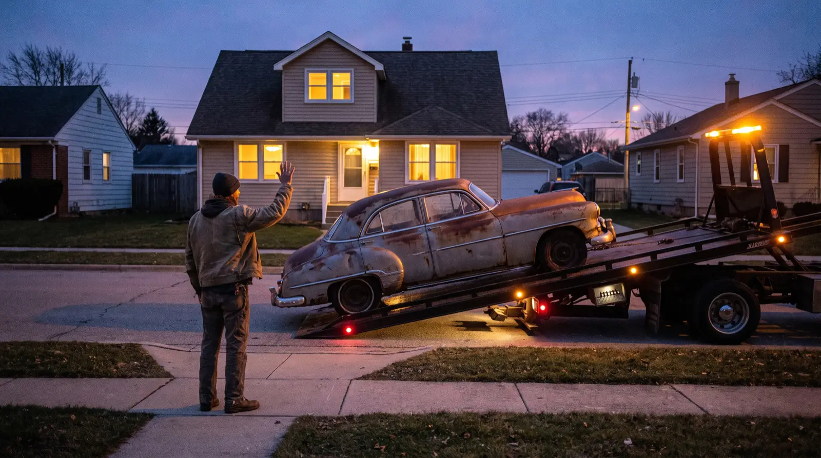 Propriétaire faisant ses adieux à son ancienne voiture thermique chargée sur une dépanneuse devant un pavillon au crépuscule