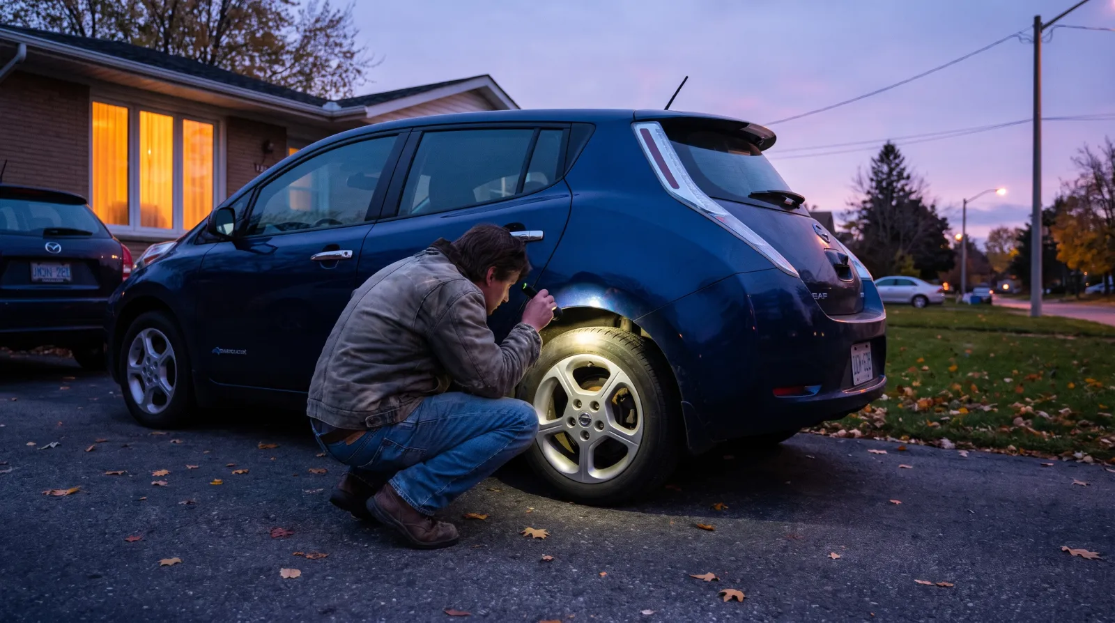 Acheteur inspectant à la lampe torche la carrosserie d'une voiture électrique d'occasion au crépuscule