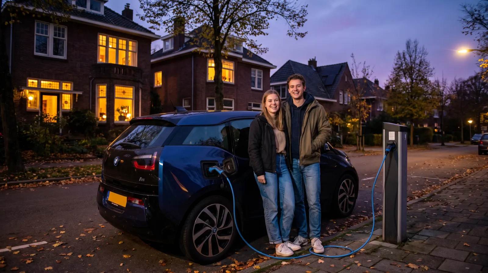 Couple souriant à côté de sa voiture électrique en charge sur une borne de quartier au crépuscule